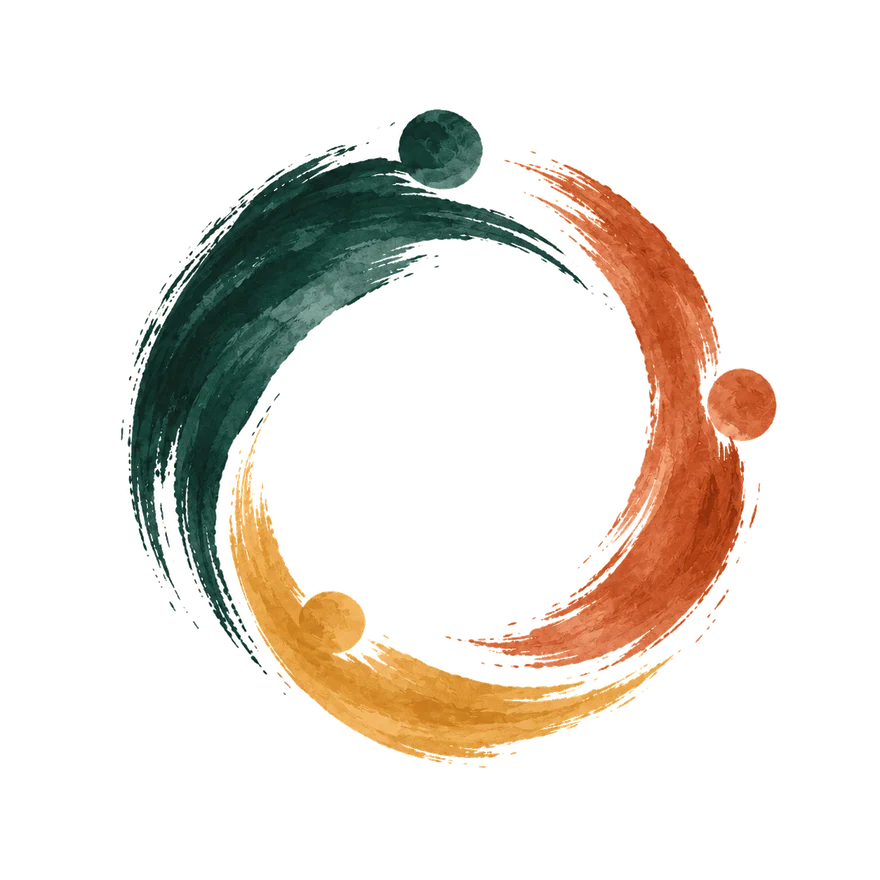 Tres pinceladas de colores que se abrazan en círculo, como tres personas en comunidad